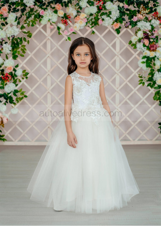Beaded Ivory Lace Tulle Illusion Back Flower Girl Dress Beaded Ivory Lace Tulle Illusion Back Flower Girl Dress